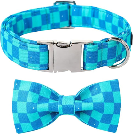 Maca Bates Blue Checkered Dog Collar with Bow Tie Plaid Puppy Bowtie Collars Fancy Gingham Collar for Summer Adjustable Durable Soft Breakaway for Boy Male Gentleman Dogs Pet,Small