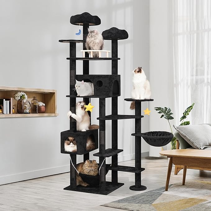 Meecal 79inch Giant Cat Tree for Heavy Duty Big Cats, Multi-Level Luxury Cat Tower with Scratching Post, Cat Condo with Hammocks & Plush Perches for Indoor Cats Large Adult, Black
