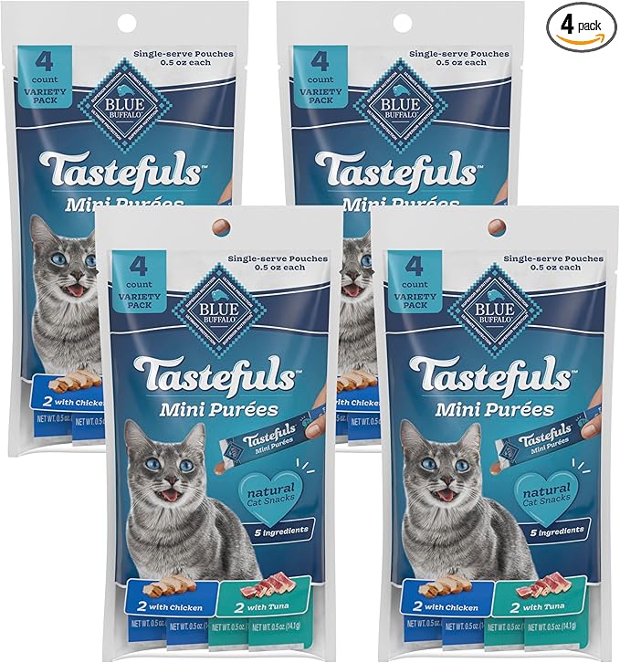Blue Buffalo Tastefuls Mini Purées, Adult Cat Natural Single-Serving Snack, 4-Count Variety Pack Chicken and Tuna, 0.5 oz. (Pack of 4)