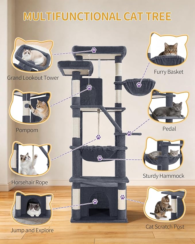 Hzuaneri Large Cat Tree, 72 Inch Tall Indoor Cat Tower for 6 Large Cats, Corner Climbing Activity Pet Condo with 2 Large Platforms/2 Cats House/6 Scratching Post/1 Hanging Basket, Dark Gray MS18318SG