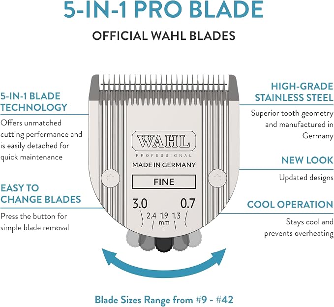 WAHL Professional Animal 5-in-1 Adjustable Blade Arco, Bravura, Chromado, Creativa, Figura, and Motion Pet, Dog, and Horse Clippers - Fine (2179-301)