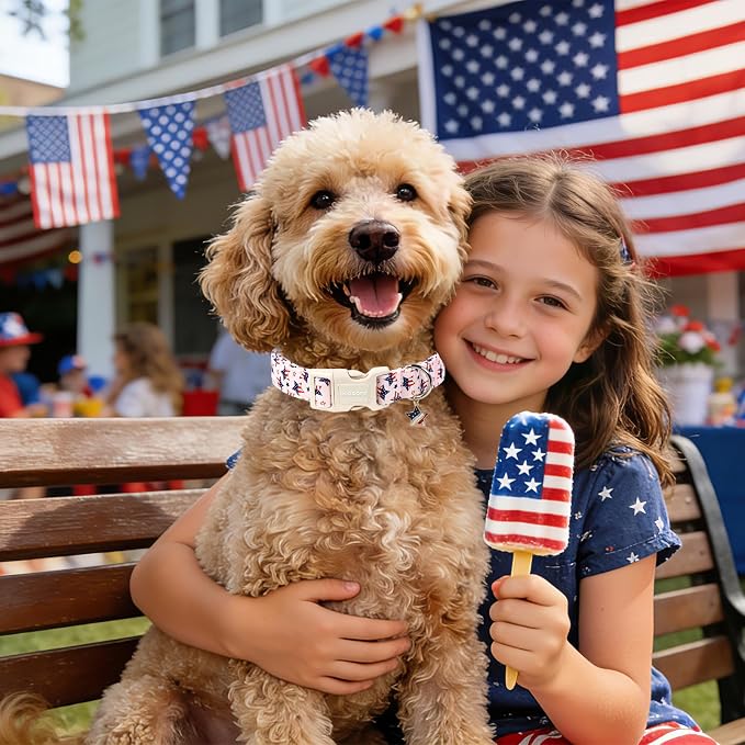 4th of July Independence Day Dog Collars for Large Dogs, Adjustable Breathable Pink Blue American Flag Star Dog Collar for Small Dogs, XL