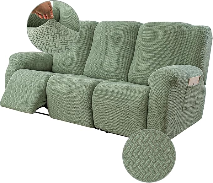 Genina Recliner Sofa Covers - Stretch Reclining Couch Covers with Stripe Jacquard - 3 Seat Cushion Slipcovers with Soft Fabric - Furniture Protector for Pet Kid (Matcha Green)