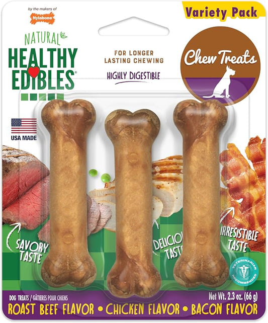 Nylabone Healthy Edibles Natural Dog Chews, Long Lasting Bones for Dogs, Roast Beef & Chicken Flavor Dog Treats, X-Small (3 Count)
