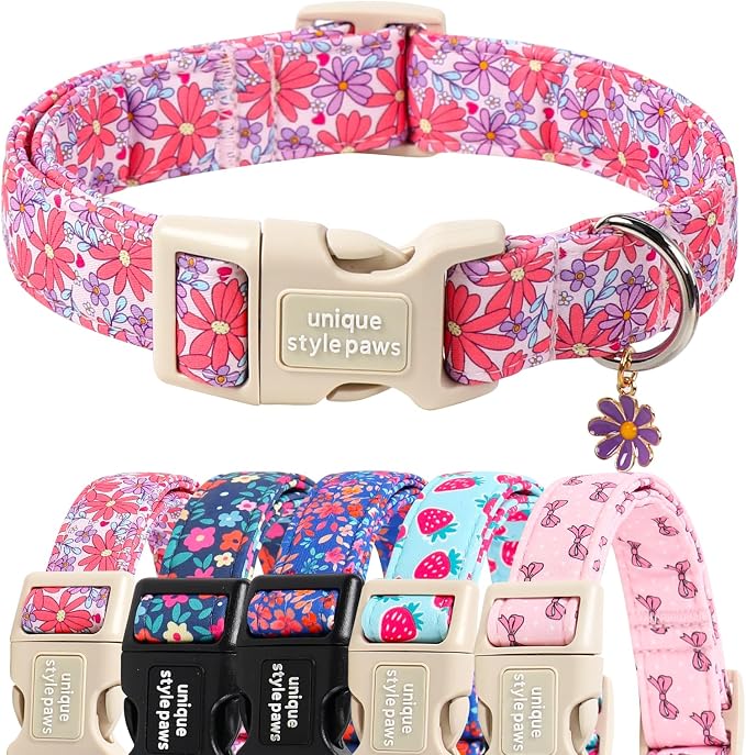 Unique style paws Dog Collar Plastic Buckle with Pendant Puppy Collar for Spring Summer Purple Flower for Small Medium Large Boys Girls Dogs