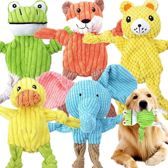 MRSOHRET 5 Pack Dog Toys Squeaky, Tough Stuffed Plush Puppy Chew Toys for Teething, Durable Plush Dog Toy for Large Medium Small Breed to Keep Them Busy, No Stuffing Crinkle Dog Toys