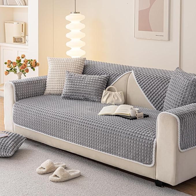 Velvet Couch Cover Sectional, Funny Fuzzy Pet Couch Covers for Backrest, Plush Warm Sofa Covers for Pets Washable, Non-slip Couchs Cover for Pets & Kids(1PC, Light Grey, 35.4"×35.4", Single Seater)