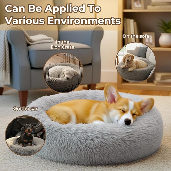 Calming Donut Dog Bed for Small Dogs, Anti-Anxiety Round Washable Plush Fluffy Faux Fur Large Cat Bed, 24 inches Fits up to 20 lbs Pets, Anti-Slip Waterproof Mute Base Gray