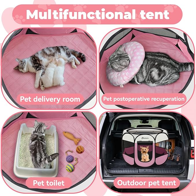 Dog Cat Playpen Indoor Outdoor for Puppy Pet Dogs Cat Recovery After Surgery, Dog Tent Crates Cage Indoor/Outdoor, Portable Pop Up Kennel with Carrying Case for Travel (Pink with Pad, Medium)