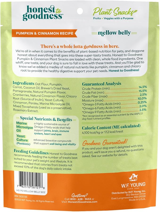 Honest to Goodness Plant Snacks Mellow Belly Pumpkin & Cinnamon Recipe Dog Treats, Enriched with Omega 3s & Postbiotics, 8oz