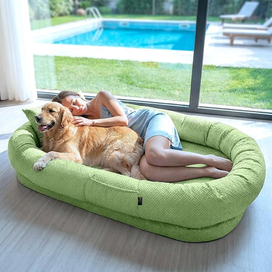 YAEM Cooling Human Dog Bed, 71"x45"x12" Breathable Human Size Dog Bed for Adults, Waterproof Giant Pet Beds with Washable Cover & Non-Skid Bottom, Pale Green