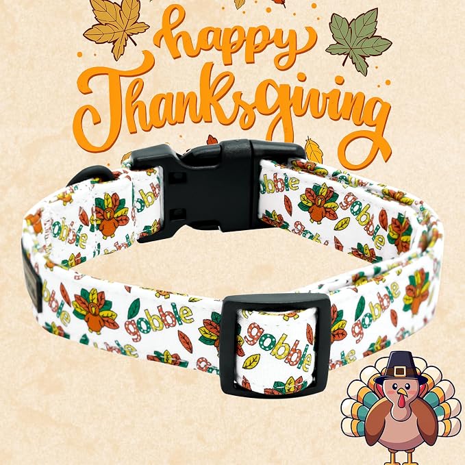 Elegant little tail Thanksgiving Dog Collar, Turkey Print Cotton Soft Plastic Buckle Sturdy Puppy Collars Holiday Female or Male Adjustable Collar for X-Small Dogs