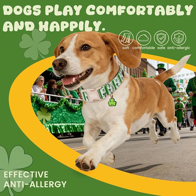 Elegant little tail St Patrick's Dog Collar - Green Cute Clover Cotton Shamrock Pet Collar Trefoil Adjustable Cotton Pet Collar with Quick Release Buckle for Small Dogs