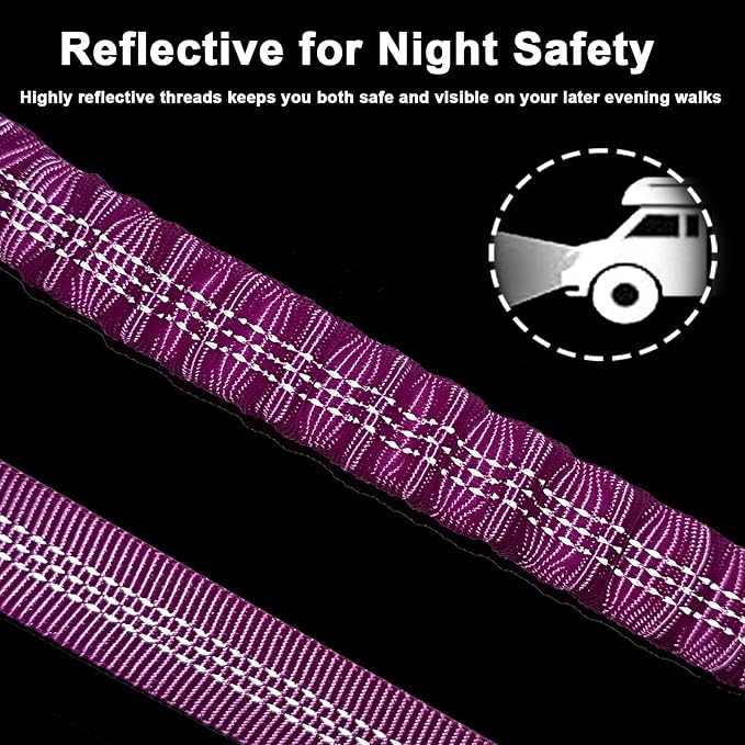5FT Bungee Dog Leash with 2 Handles, Reflective Strong Nylon Traffic Leash with Shock Absorbing for Large Medium Dogs Walking Training Controlling, Purple