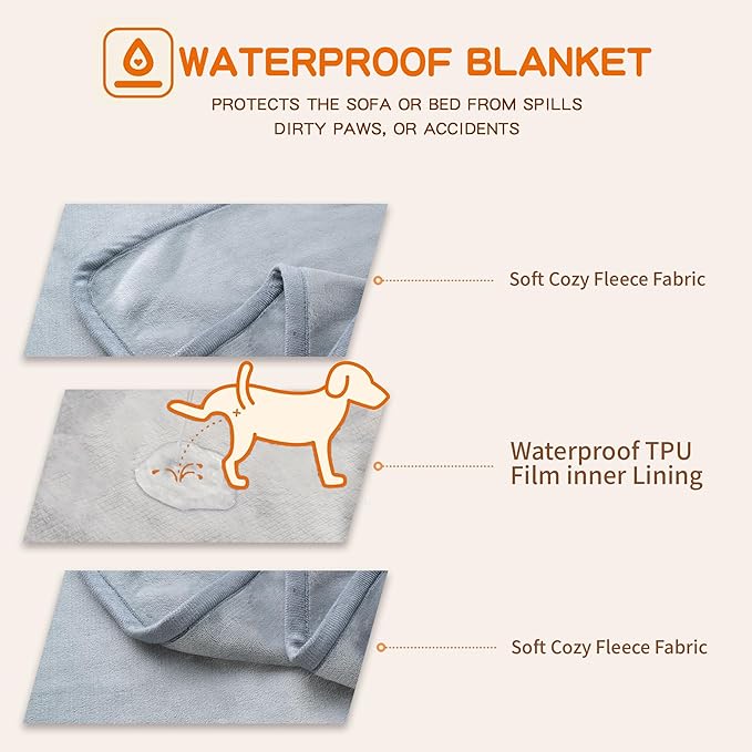 Waterproof Dog Blankets, 30"x40" Cat Blanket for Indoor Cats, Soft Fluffy Sofa Car Bed Protector, Reversible Leakproof Flannel Puppy Blanket for Small Medium Dogs(Light Grey)
