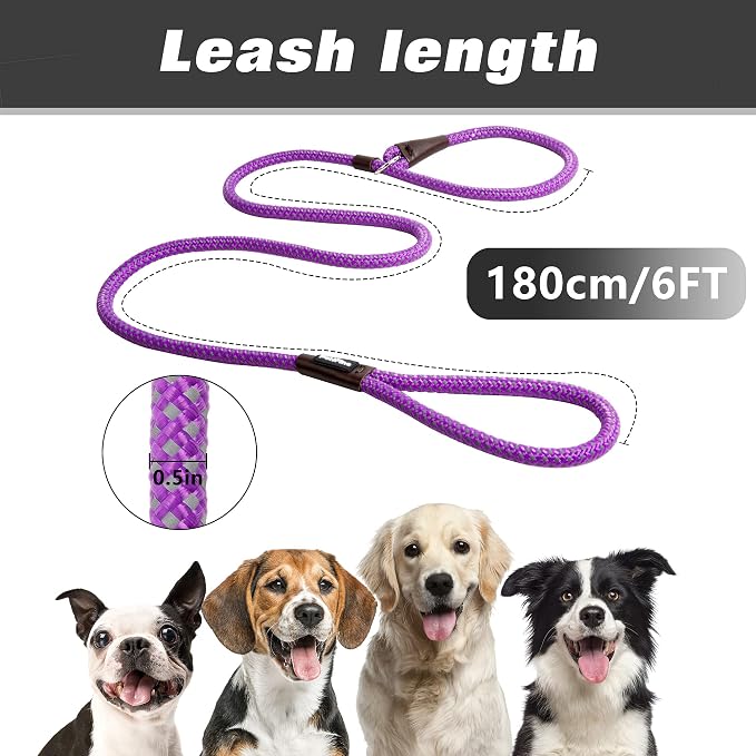 PetiFine Slip Lead Dog Leash,6FT x 1/2" Reflective Durable Dog Training Lead, Heavy Duty Adjustable Nylon Dog Rope Slip Leash for Small Medium Large Dogs (Purple)
