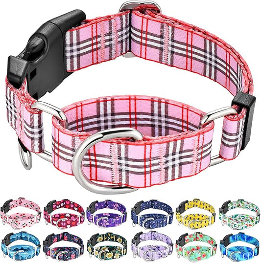 Martingale Collar with Quick Release Buckle Cute Girl Female Training Dog Collars (Pink Plaid, Small)