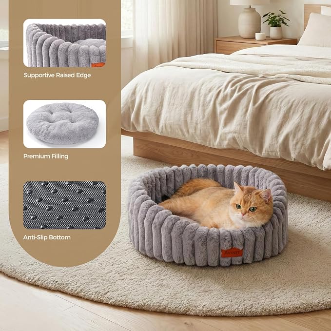 Avont Fluffy Cat Bed for Cats & Small Dogs, Cozy Plush Sleeping Nest for All Sleep Styles, Washable Removable Cushion & Anti-Slip Base, Calming Round Bed for Kittens &Puppy – Grey(M)