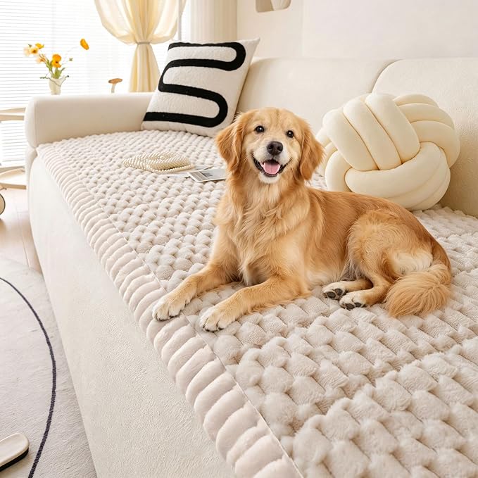 OTOB Couch Cover for Dogs Washable Non Slip Plush Sofa Covers for 3 Cushion Couch, All Seasons Fuzzy Kids Pet Friendly Sofa Slipcovers Furniture Protector Bed Mat (Cream, 27.6" x 70.9")