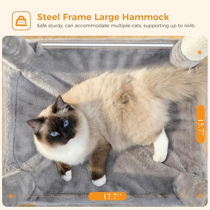 MUTTROS Cat Tree for Indoor Cats, 45.7" Multi-Level Cat Tower with Large Metal Frame Hammock, Cat Condo with 4 Scratching Posts and Top Perch for Small Medium Kitty, Grey