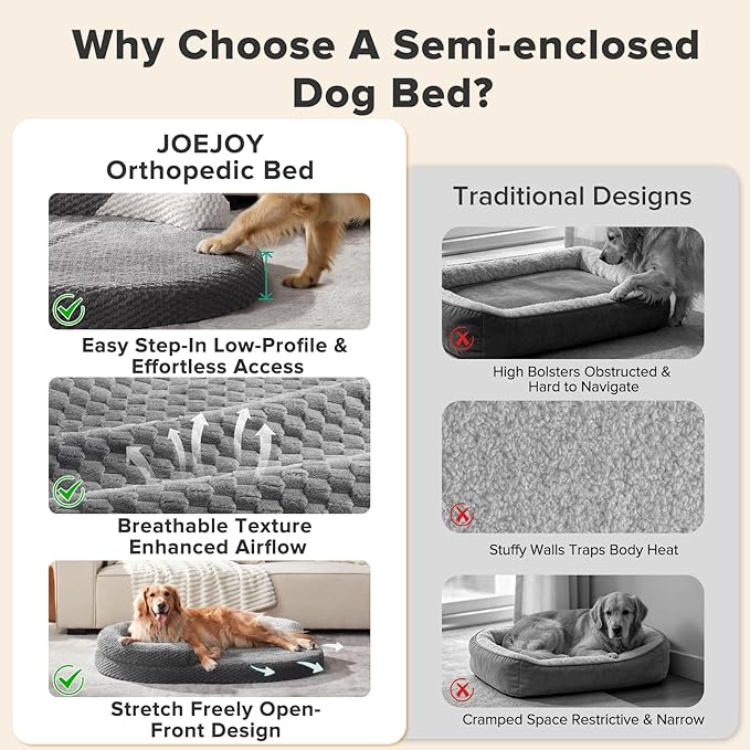 JOEJOY XXL Orthopedic Dog Beds, Extra Large Washable Waterproof Oval Dog Bed with with Removable Cover, Egg-Crate Memory Foam Pet Bed with Bolster Sides & Non-Skid Bottom, Dark Grey, 48''x35''