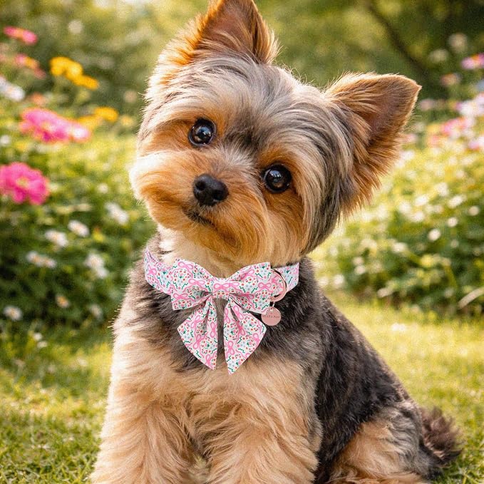 Pink Bow & Floral Dog Collar, Spring Summer Soft Cotton Dog Collar with Premium Quick Release, Adjustable and Comfortable Pet Collar for Small, Medium, and Large Dogs