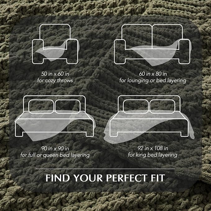 EVERGRACEHOME Chunky Chenille Knit Throw Blanket for Couch, Soft Luxurious Moss Stitch Chair Blankets for Bed, Cozy Decorative Farmhouse Knitted Throws for Sofa, Olive Green, 50" x 60"