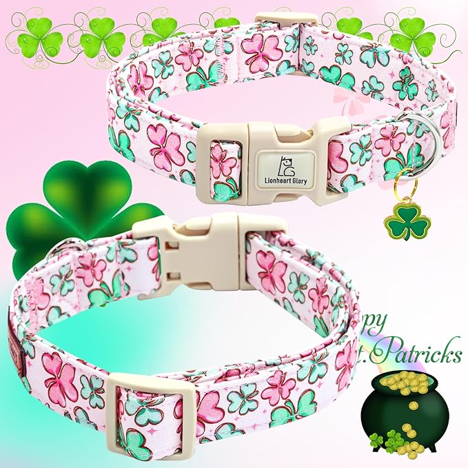 Lionheart glory St. Patrick's Day Dog Collar, Clover Collars Pink Dog Collar for Large Dogs Spring Female Dog Collar Adjustable Heavy-Duty Dog Collar Pet Gift Plastic Buckle