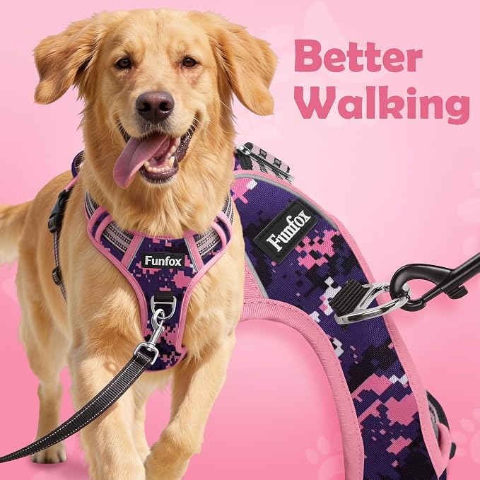 Funfox Dog Harness No Pull, Adjustable Pet Vest Harness, Super Soft Material with Vertical Handle Easy Control, Reflective Night Walking, 2 Leash Clips for Large Dogs, Mosaic Pink, L