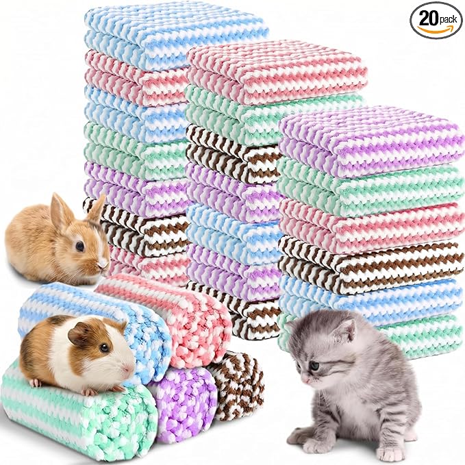 Moukeren 20 Pcs Guinea Pig Fleece Bedding Blankets Bulk Washable Small Animal Fleece Cage Liners Pet Wash Cloth Sleeping Mat Cover for Hamster Chinchilla Rabbit Hedgehog (16 x 24 Inch,Multicolor)