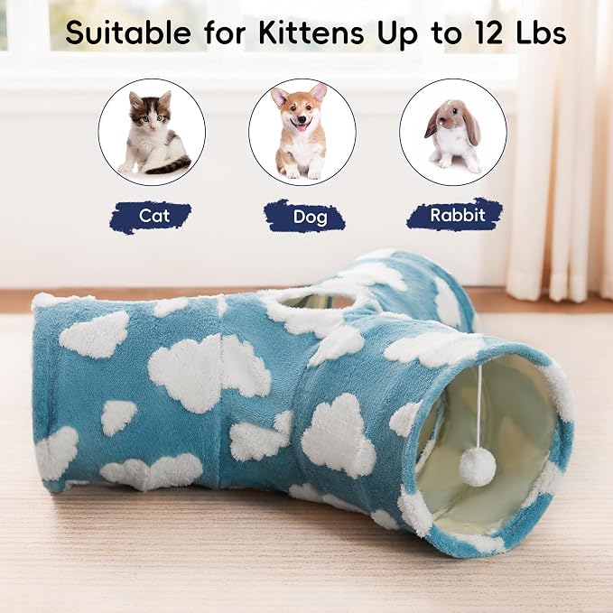 Tempcore Flannel Cat Tunnel for Indoor Cats, 3 Way Collapsible Pet Play Tunnel with Teaser Wand, Peek Holes & Hanging Ball, Interactive Tube for Kittens & Rabbits, Blue Cloud