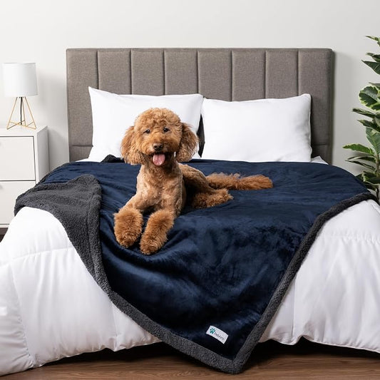 PetAmi Waterproof Dog Blanket for Couch, Queen 90x90, Pee Proof Sherpa Fleece Reversible Pet Throw, Furniture Protector for Bed Sofa, Soft Washable Cover for Large Dogs Cats, Blue Grey