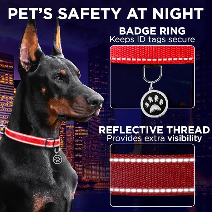 TECEUM Reflective Dog Collar – Red – XL – Extra Soft Padding – Basic Nylon Pet Collar – Quick Release Buckle – Fits Small, Medium and Large Dogs, Puppies, Cats – ESA & Service Dog Options