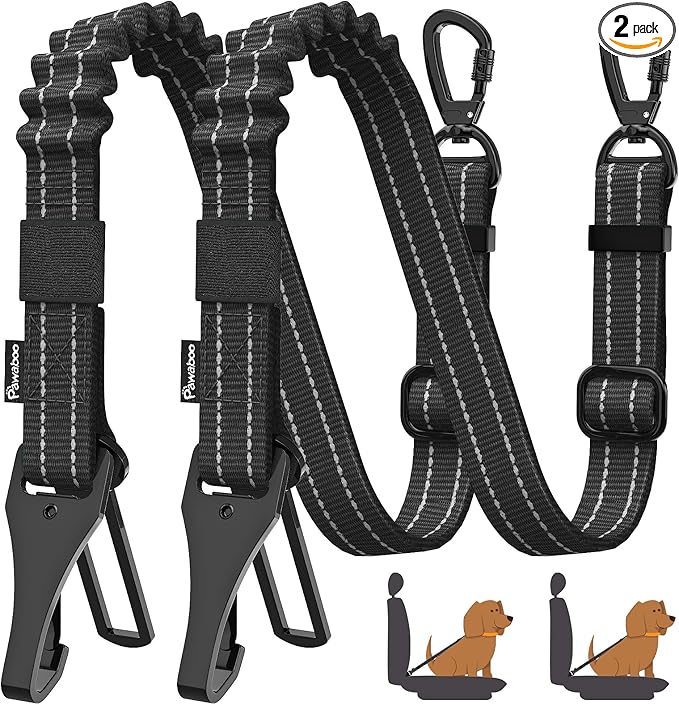 Pawaboo 2Pack Dog Seatbelt for Car,3-in-1 Dog Car Seat Belt Bungee,Shockproof Dogs Tether for Cars with Buckle&Hook Latch, Adjustable Reflective Dogs Cars Harness Leash with 360° Lockable Buckle,Black