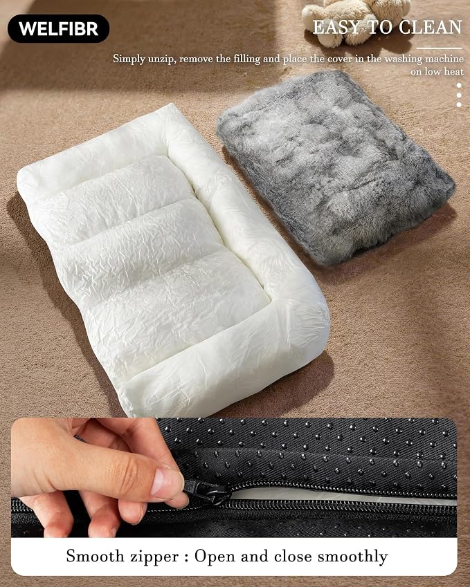 Orthopedic Dog Bed Medium Size Dog, Extra Thick Supportive Dog Couch Bed, Dog Beds with Removable Washable Cover, Ultra Soft Faux Rabbit Fur Puppy Bed & Non-Slip Bottom (Gray, 35"x25")