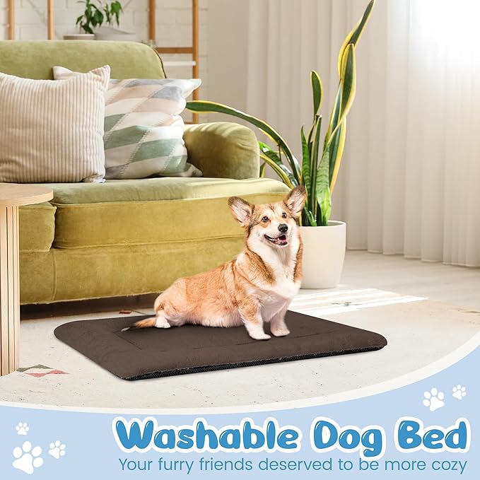 Dog Crate Pad 24 Inch, Washable Plush Crate Mat for Small Dogs and Puppies, Anti Slip Kennel Pad for Metal Crates, Indoor Use and Travel, Brown