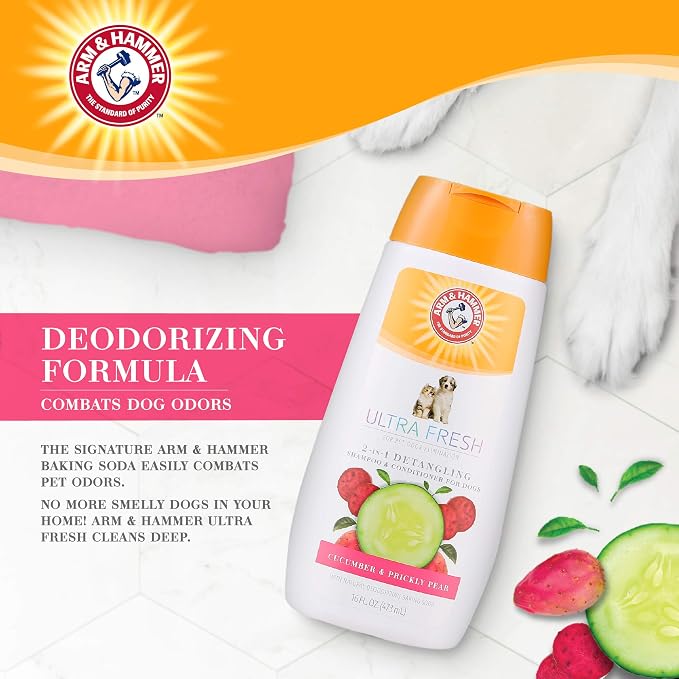 Arm & Hammer Ultra Fresh 2 in 1 Detangling Dog Shampoo and Conditioner Baking Soda Deodorizer Moisturizing Pet Wash Tangles Odor Control Cucumber Prickly Pear Scent 16 FL OZ Single Bottle Detangling