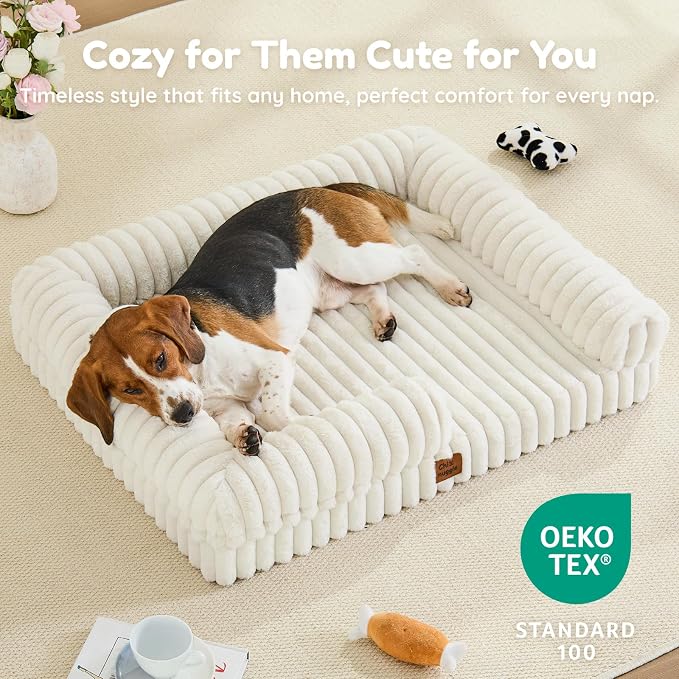 Orthopedic Dog Bed for Large Dogs, Washable Dog Bed with Faux Rabbit Fur Waterproof Cover, High Density Egg Crate Foam Support with 3-Sided Bolsters for Senior Dogs, Non-Skid Bottom,35x28x7, Cream