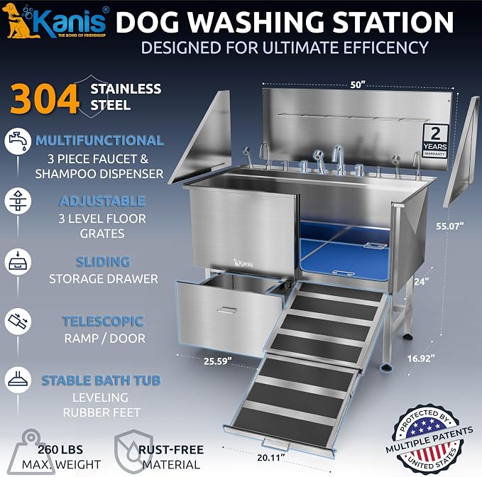 KANIS Professional Dog Washing Station 304 Stainless Steel Pet Wash Sink & Grooming Bathtub w/Shower, Floor Grates and Storage for Large, Medium & Small Pets (Silver, 50 Inches, Right Ramp, 1 Drawer)