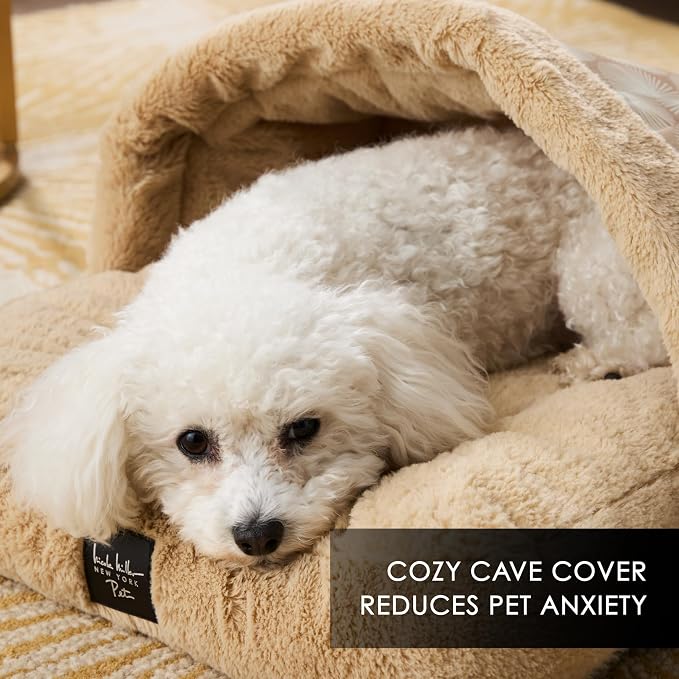 Nicole Miller NEW YORK PET Kendall Fluted Geo Cozy Slipper Cave Pet Bed, Cozy & Calming, Non-Slip Bottom, Machine Washable, Taupe, Small 22"x17"x11"