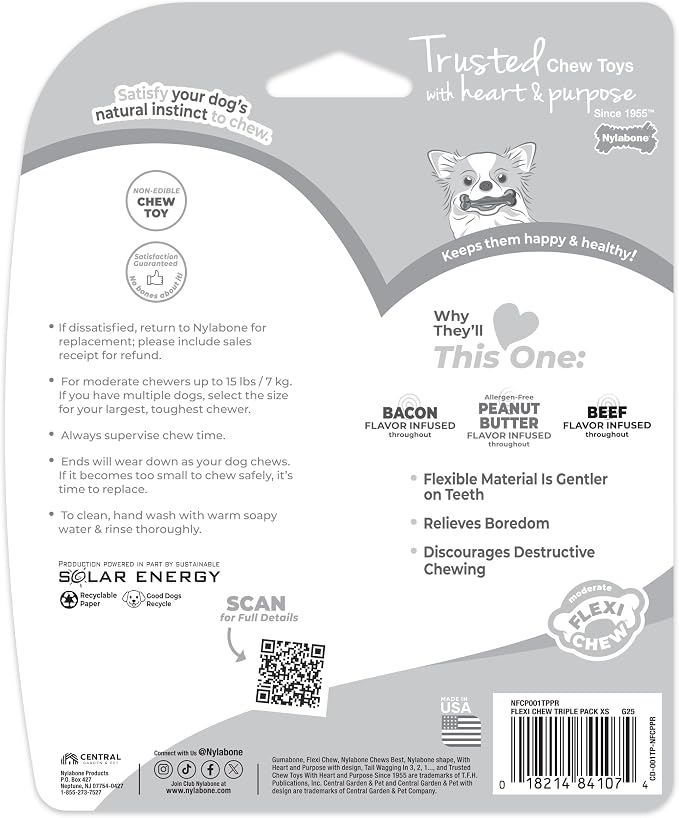 Nylabone Original Bone Flexi Chew Toy for Dogs, Dog Toys for Moderate Chewers, Value Pack, Long Lasting Bacon, Peanut Butter, & Beef Flavor, X-Small Dogs - Up to 15 lbs, 3 Pack
