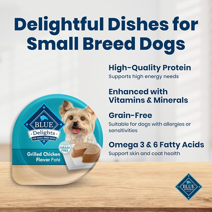 Blue Buffalo Delights Grilled Chicken Flavor Paté Natural Grain Free Wet Dog Food for Small Breed Dogs in Savory Juice with Natural Ingredients, Vitamins & Minerals, 3.5-oz. Each (12 Cups)