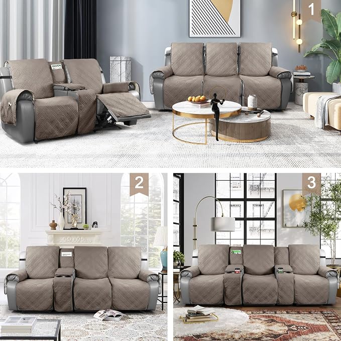 TAOCOCO 100% Waterproof Recliner Couch Covers with Console, Sofa Covers for Reclining Sofa 3 Seat with Straps Design, Split Recliner Sofa Cover Furniture Pets Kids Protector (3 Seater, Taupe)