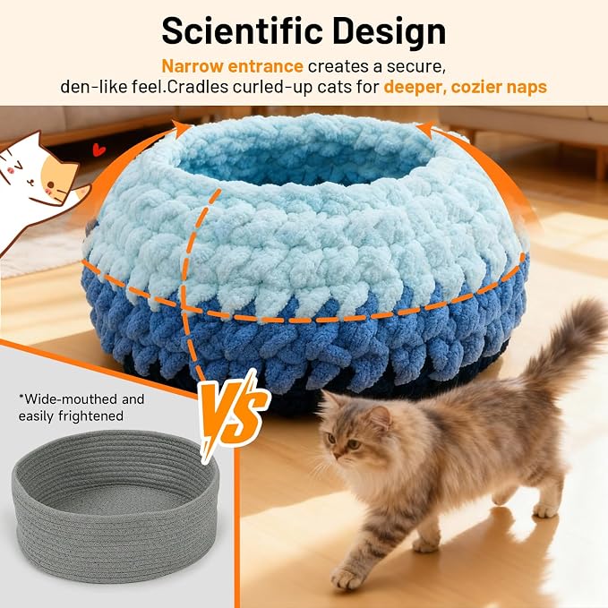 Handwoven Soft Cat Cave Bed, Indoor Cat Beds with Washable Round Nest, Kitten House & Cat Furniture, Cloud Blue
