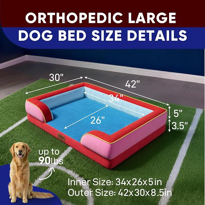 Comfort Expression Orthopedic Dog Bed for Extra Large Dogs 42x30 Inch, Waterproof Egg Crate Foam XL Pet Bed with Bolsters, Dog Couch with Washable Cover & Non-Slip Bottom, Los Angeles
