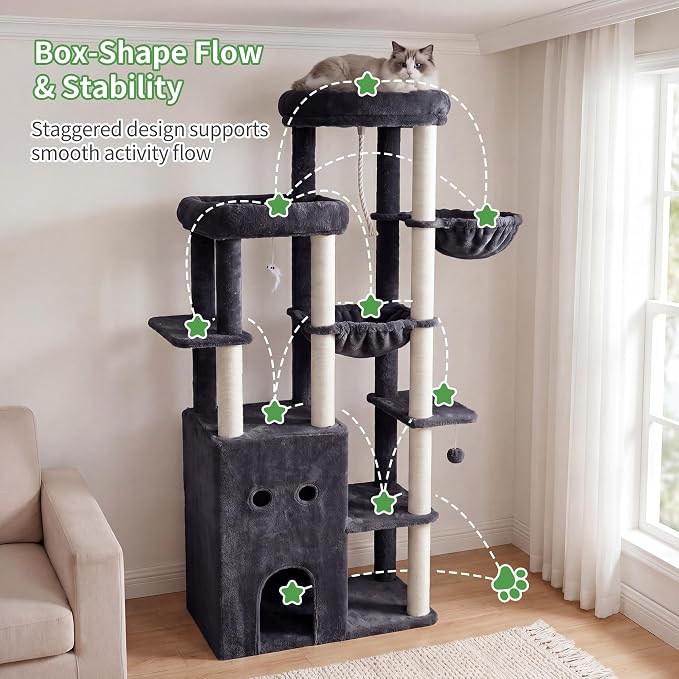 Heybly Cat Tree, 69.7 inches Secure Anti-Tip Cat Tower for Large Cats, Expansive Cat Furniture with Dual-Tier Cat Condo Villa, 2 Top Perches, Hammock & Full Sisal Scratching Posts, Smoky Gray HCT065G