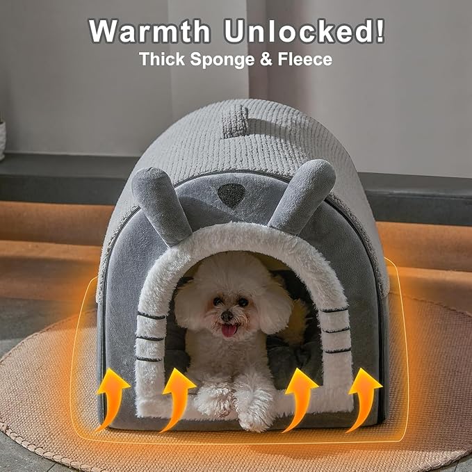 Jiupety Small Dog House Indoor, Cat House with Door Curtain Design, Puppy House with Reversible Washable Cushion, M Size Portable Pet Cave for 7-13 lb Cats and 5-11 lb Dogs, Non-Slip Bottom, Grey