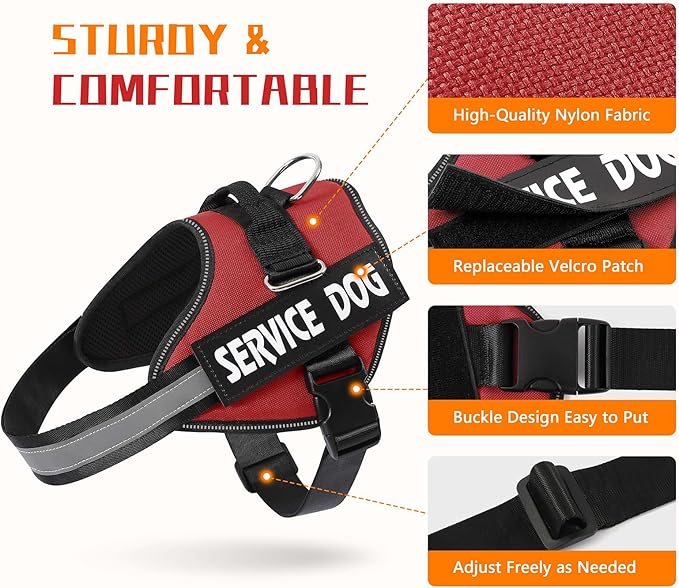 MUMUPET Service Dog Vest, No Pull Reflective Adjustable Harness with Handle, Soft Breathable Padding for Large Dogs, 2 Removable Velcro Patches (Red, L)
