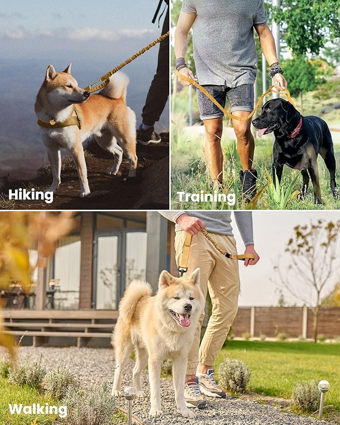 OutdoorMaster Bungee Dog Leash, Heavy Duty Dog Leash with Shock Absorption, 2 Padded Handles Training Leash, Improved Dog Safety and Comfort (Brown, 6 FT)