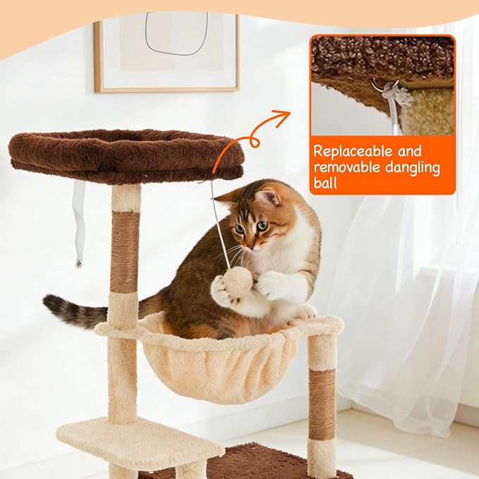 Cat Tree for Indoor Cats, 39.8-inch Cat Tower with 2 Plush Perches for Play & Rest, 1 Cozy Hideaway, Dangling Toy & Full Sisal Scratching Posts for Small Cats, Brown